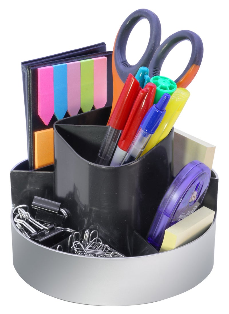 Kantek Rotating Desk Organizer, 8 Compartments, Plastic, 6 x 5.75 x 4.5, Black/Silver - Image 2